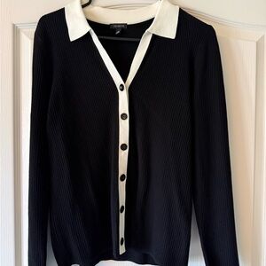 Talbots Black and White Ribbed Button Cardigan with Contrast Collar